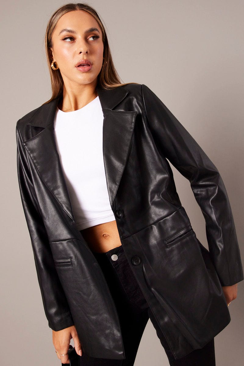 Black Jacket Faux Leather Collared for Ally Fashion