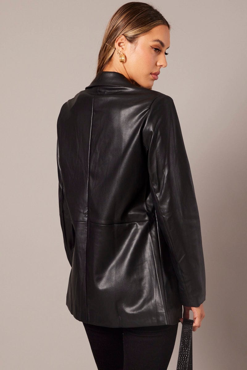 Black Jacket Faux Leather Collared for Ally Fashion