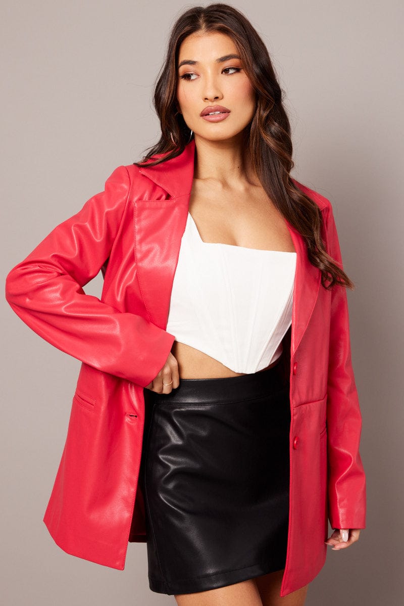 Red Jacket Faux Leather Collared for Ally Fashion