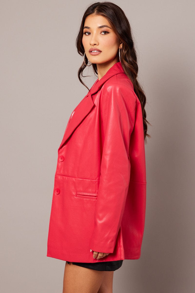 Red Jacket Faux Leather Collared for Ally Fashion