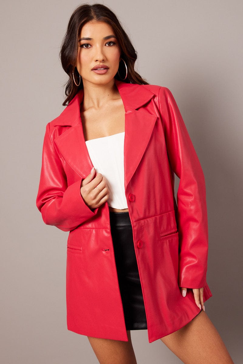 Red Jacket Faux Leather Collared for Ally Fashion