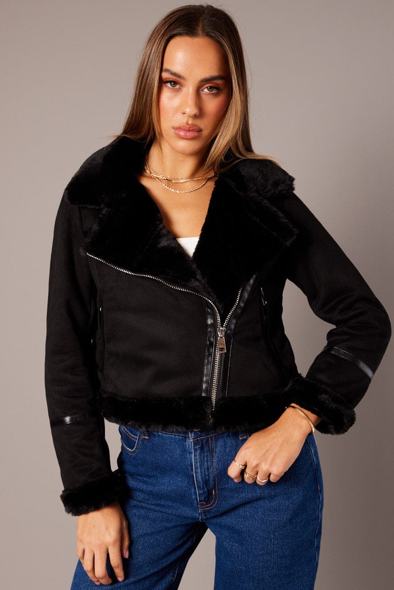 Black Aviator Jacket Long Sleeve Faux Leather for Ally Fashion