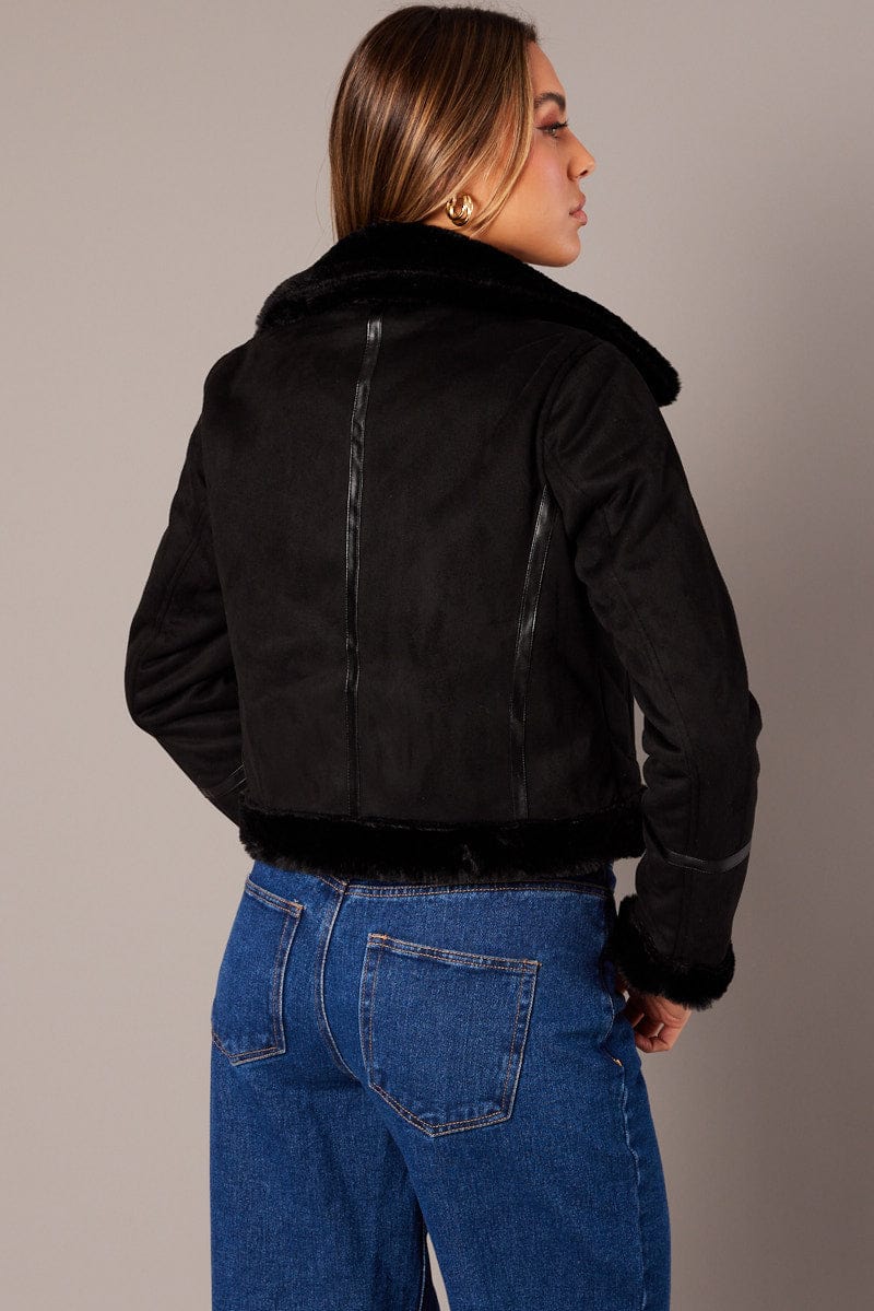 Black Aviator Jacket Long Sleeve Faux Leather for Ally Fashion