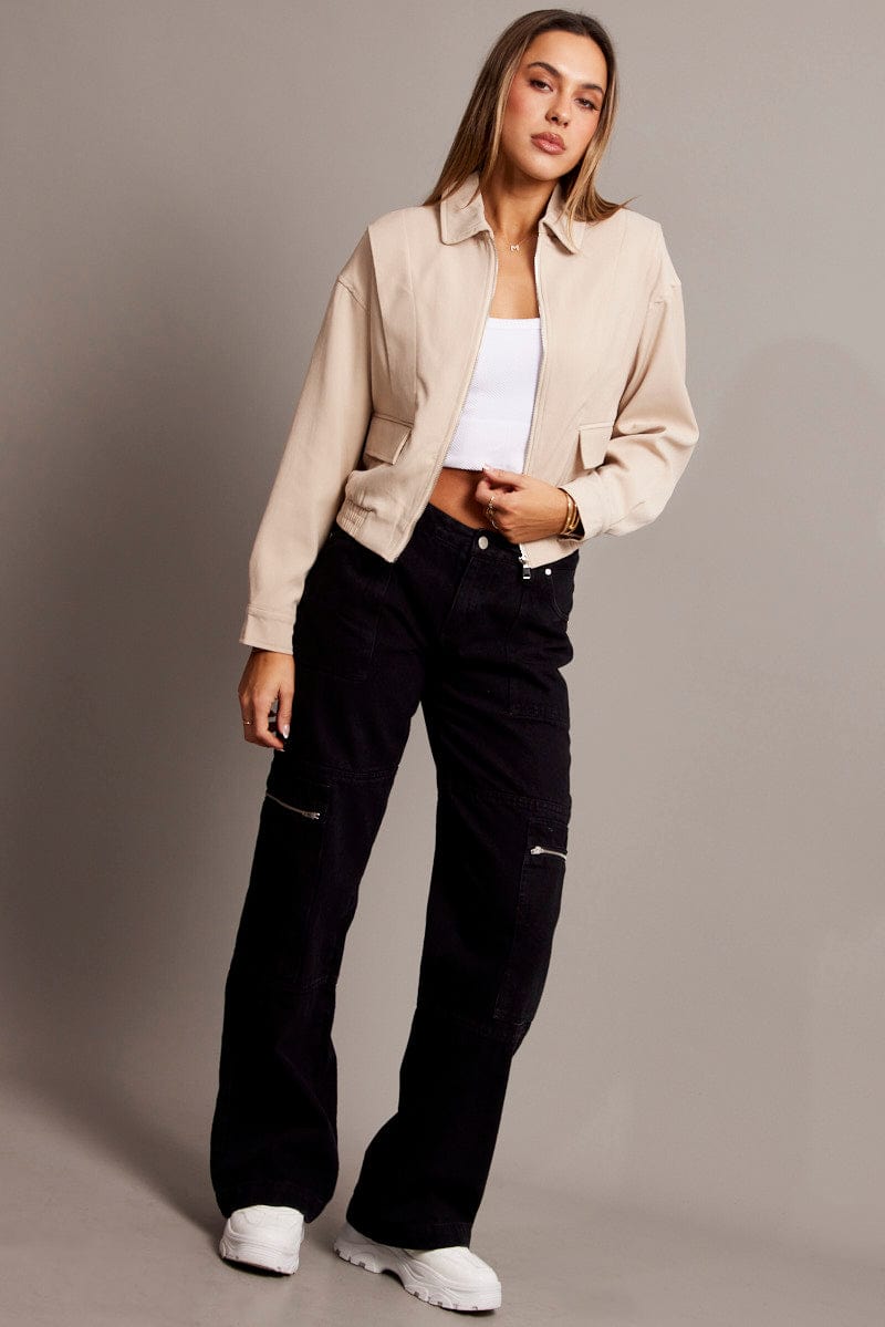 Beige Utility Bomber Jacket for Ally Fashion