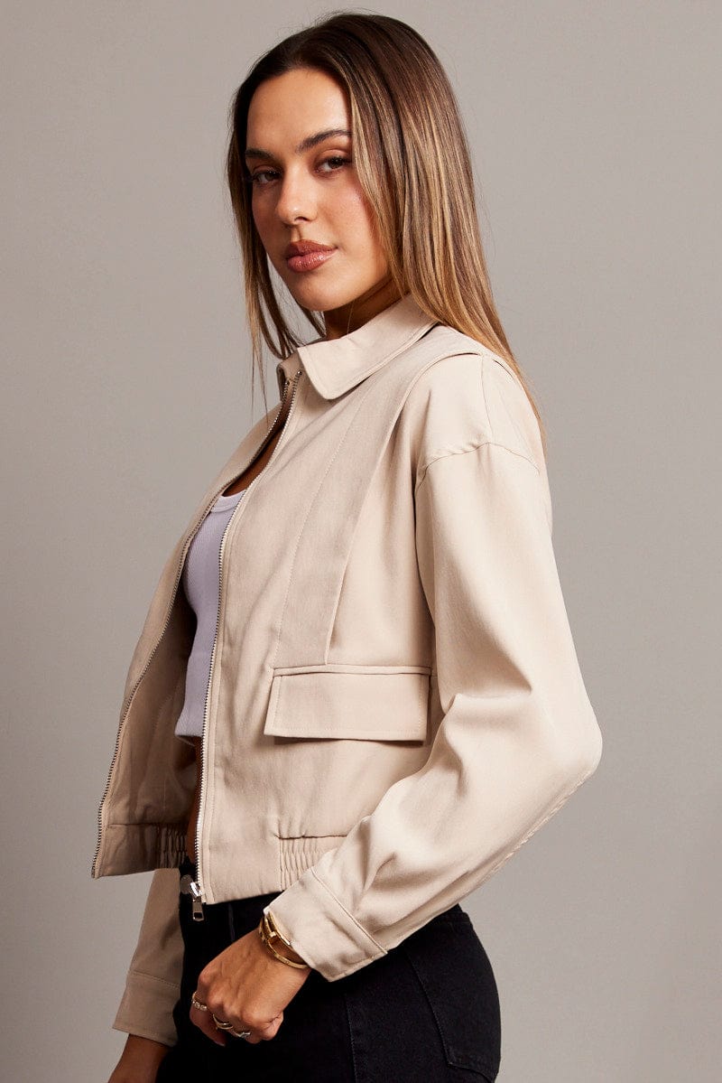 Beige Utility Bomber Jacket for Ally Fashion