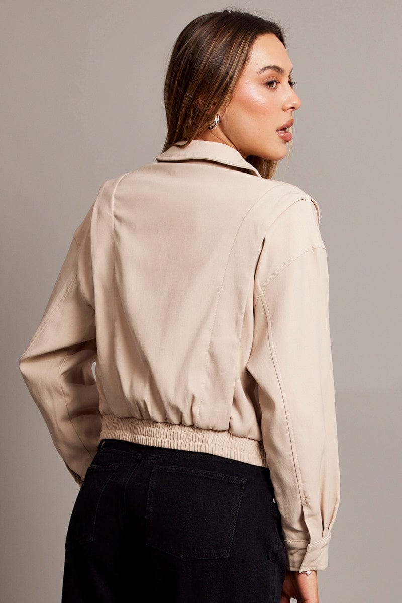 Beige Utility Bomber Jacket for Ally Fashion