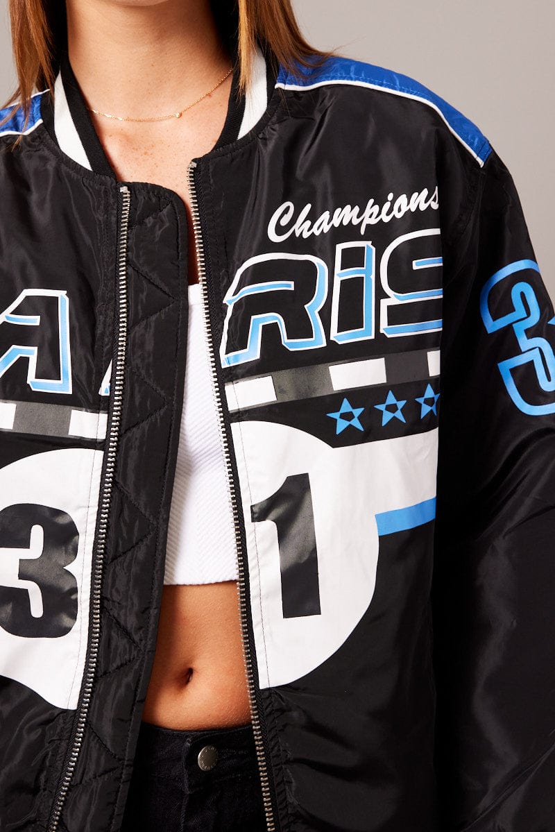 Black Jacket Long Sleeve Zip Thru Champions Print for Ally Fashion