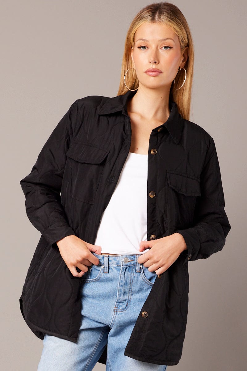 Black Jacket Puffer Collared Long Sleeve for Ally Fashion