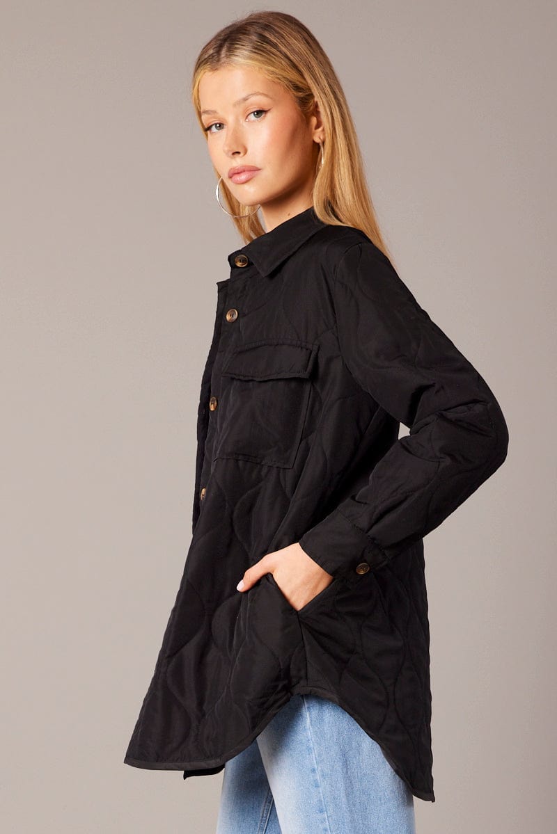 Black Jacket Puffer Collared Long Sleeve for Ally Fashion