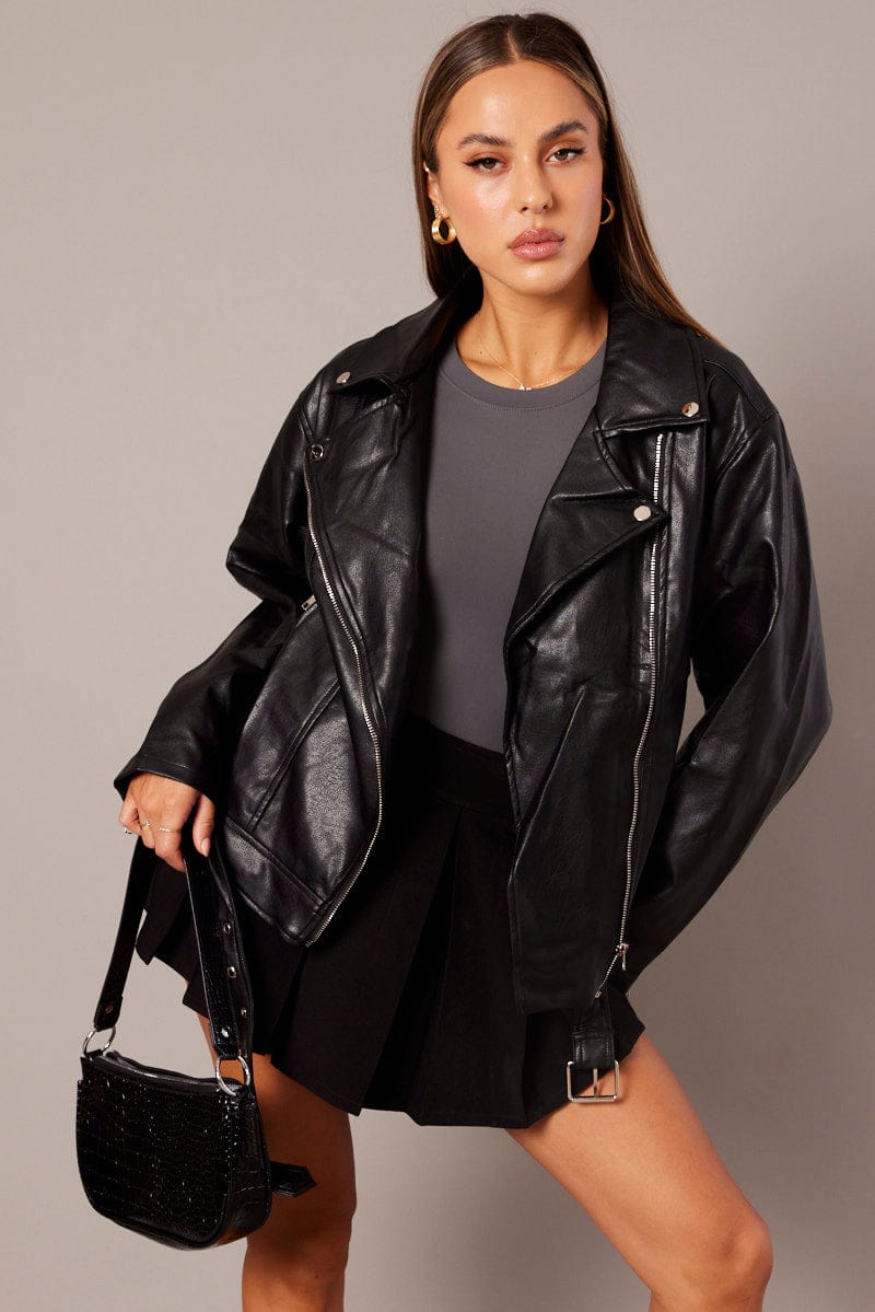 Black Jacket Long Sleeve Collared Faux Leather for Ally Fashion