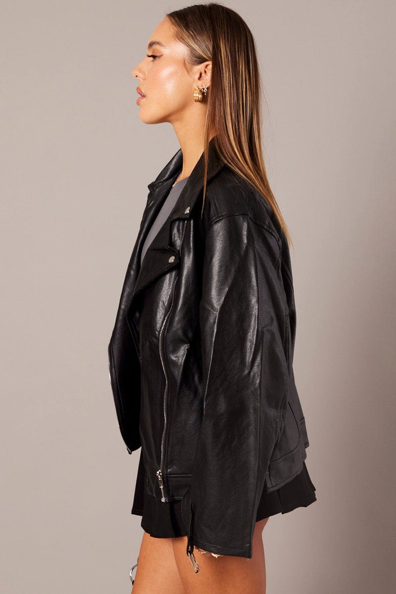 Black Jacket Long Sleeve Collared Faux Leather for Ally Fashion