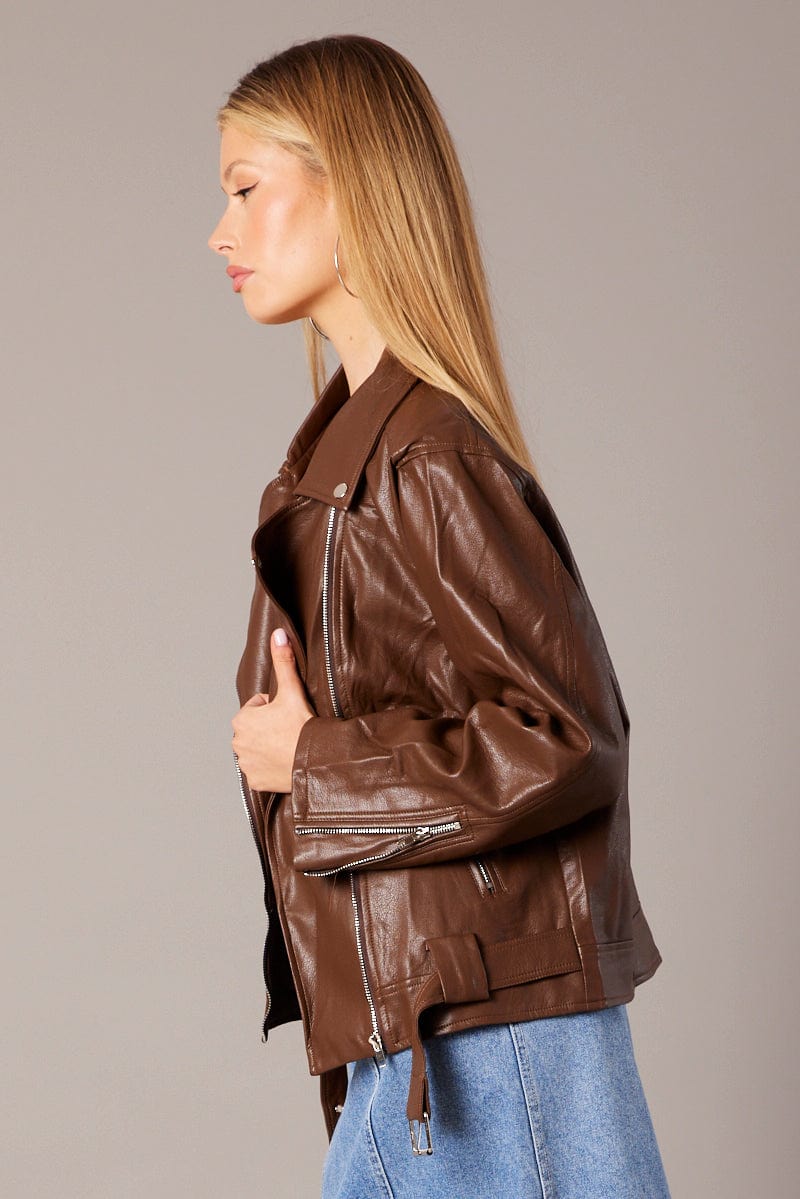 Brown Jacket Long Sleeve Collared Faux Leather for Ally Fashion