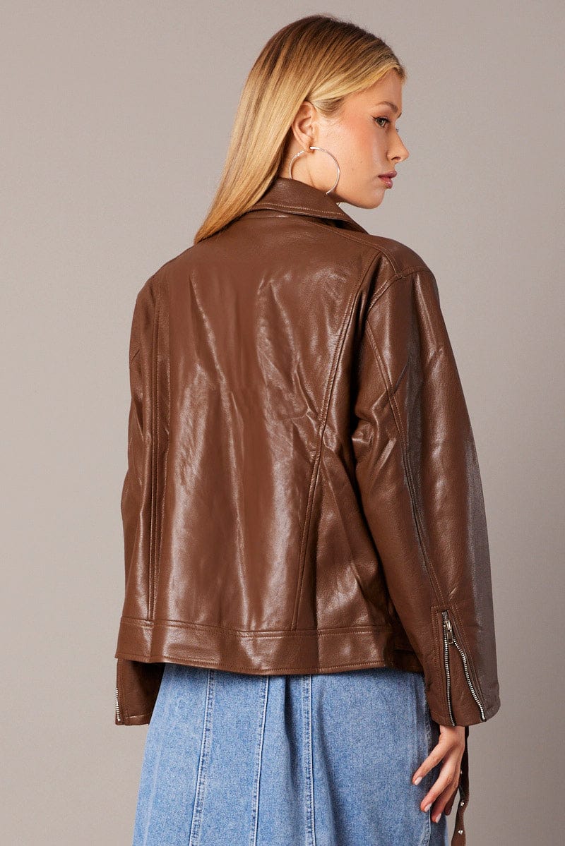 Brown Jacket Long Sleeve Collared Faux Leather for Ally Fashion