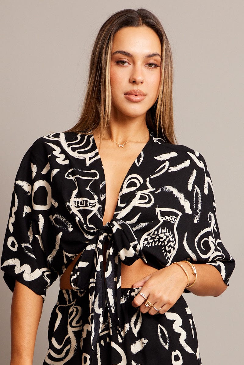 Black Abstract Tie Up Bolero Short Sleeve for Ally Fashion