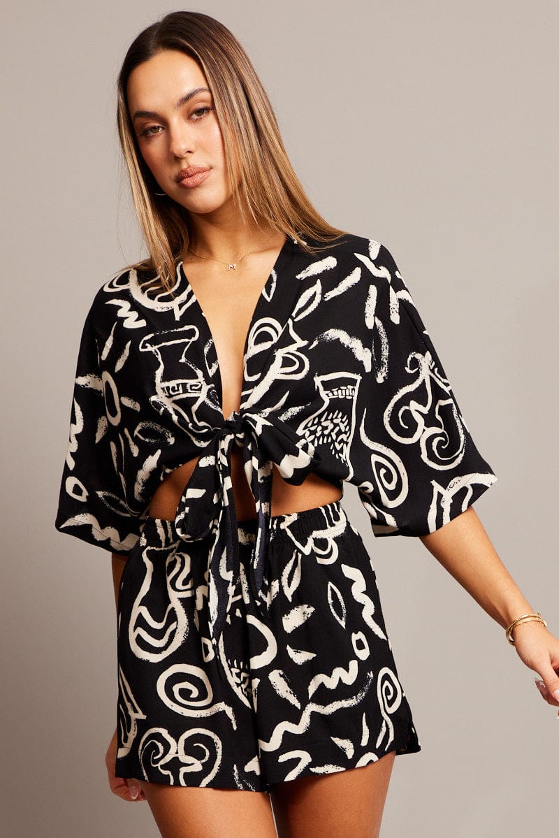 Black Abstract Tie Up Bolero Short Sleeve for Ally Fashion