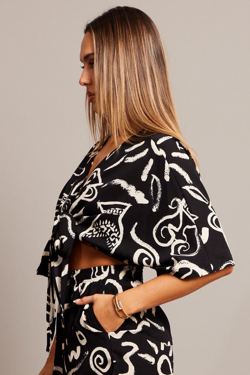 Black Abstract Tie Up Bolero Short Sleeve for Ally Fashion