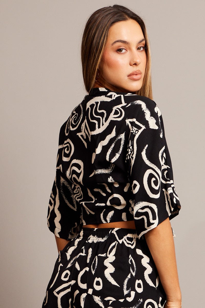 Black Abstract Tie Up Bolero Short Sleeve for Ally Fashion