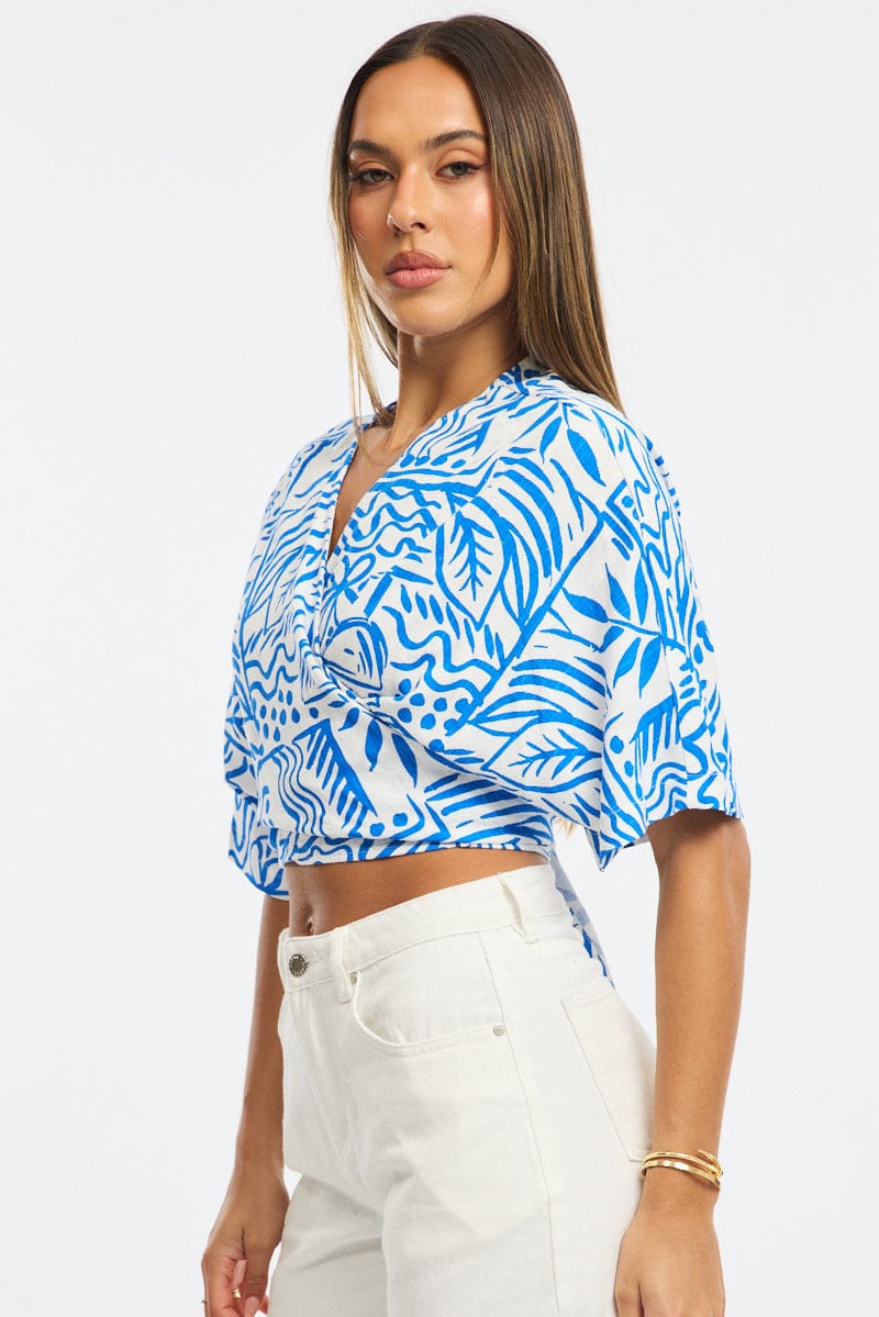 Blue Abstract Short Sleeve V-neck Bolero for Ally Fashion