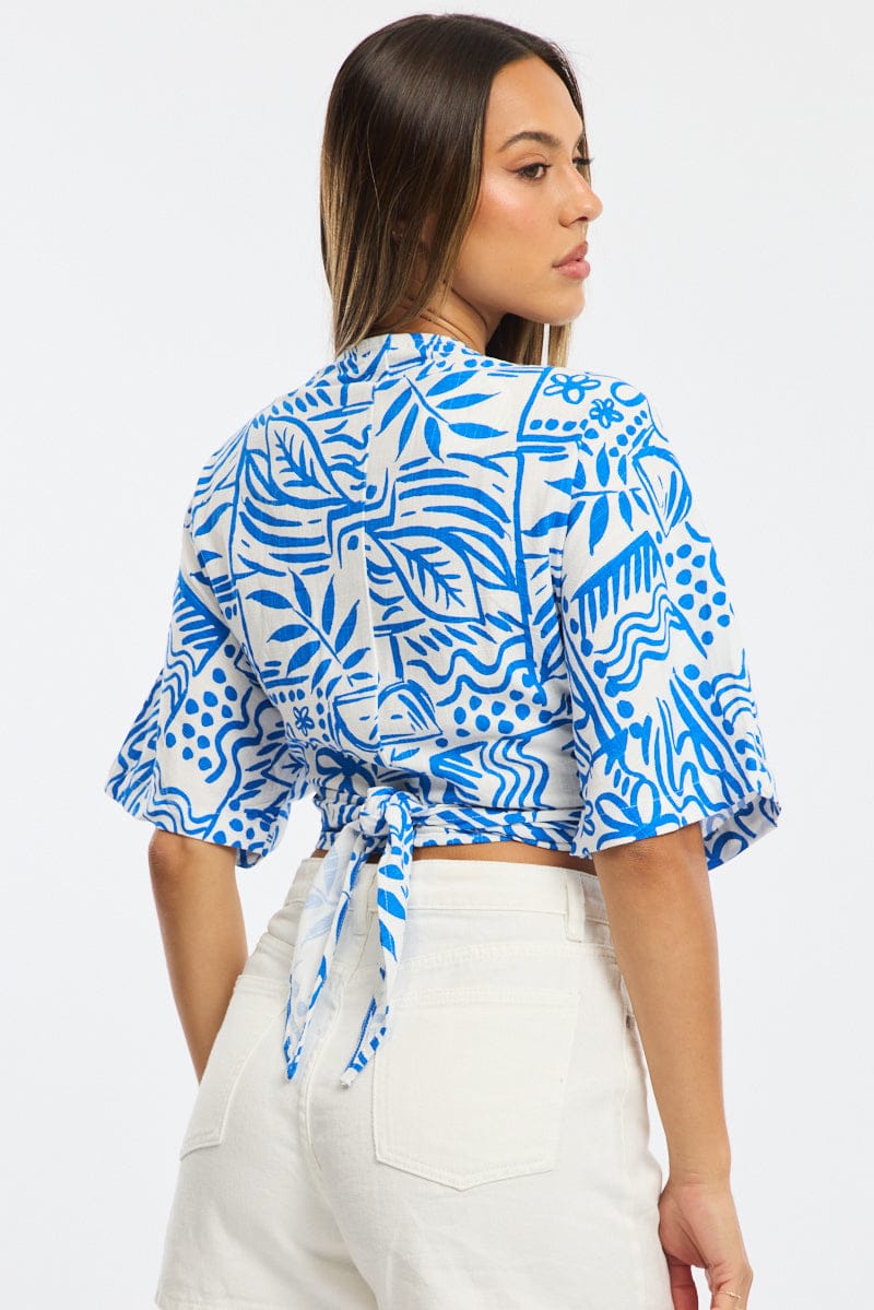 Blue Abstract Short Sleeve V-neck Bolero for Ally Fashion