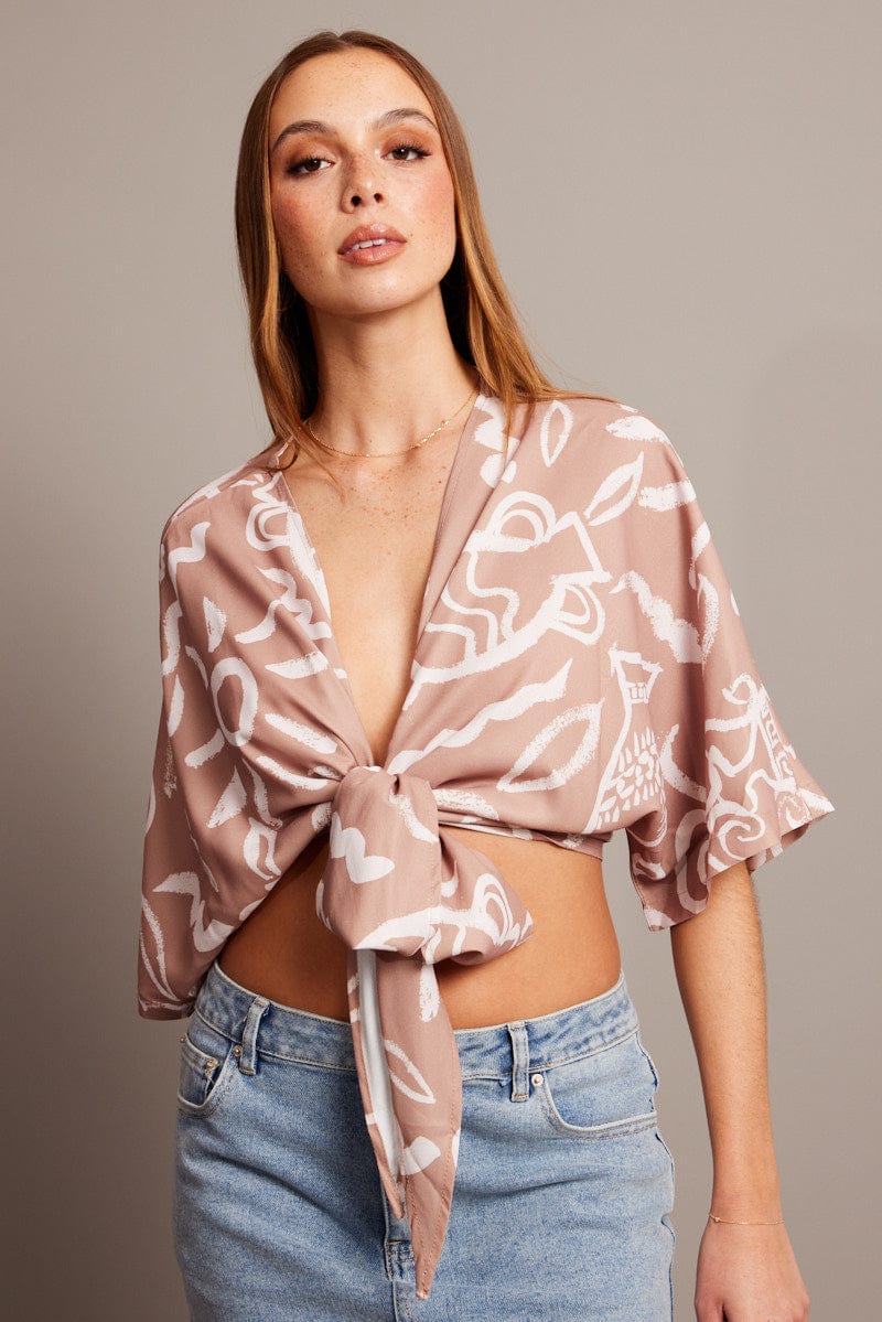 Beige Abstract Tie Up Bolero Short Sleeve for Ally Fashion