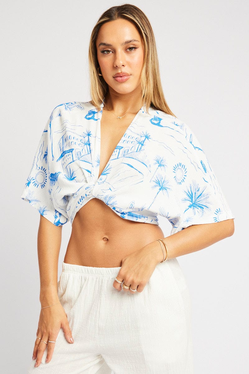 Blue Abstract Tie Up Bolero Short Sleeve for Ally Fashion