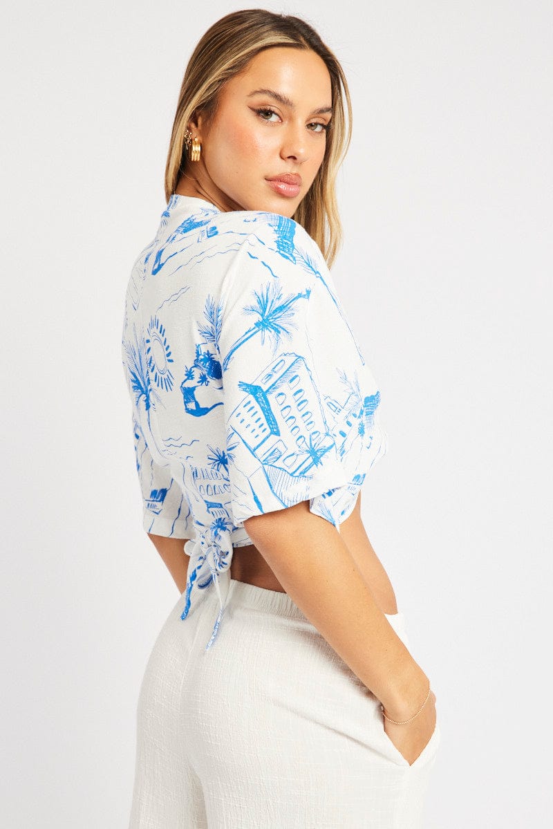 Blue Abstract Tie Up Bolero Short Sleeve for Ally Fashion