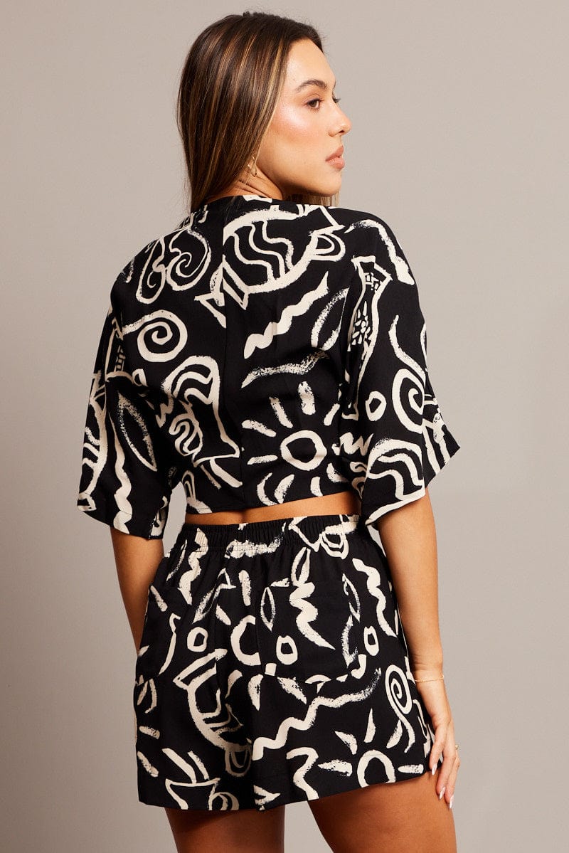 Black Abstract Tie Up Bolero Short Sleeve for Ally Fashion