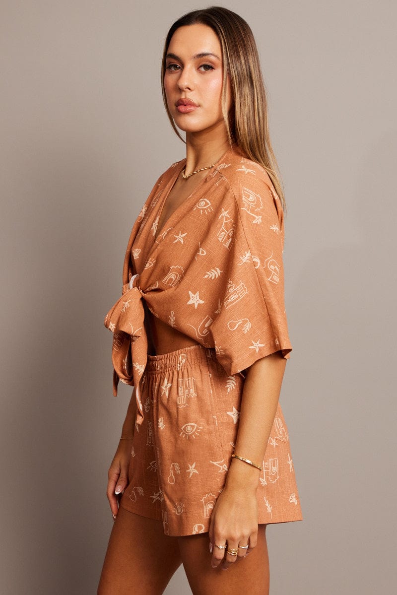 Brown Abstract Tie Up Bolero Short Sleeve