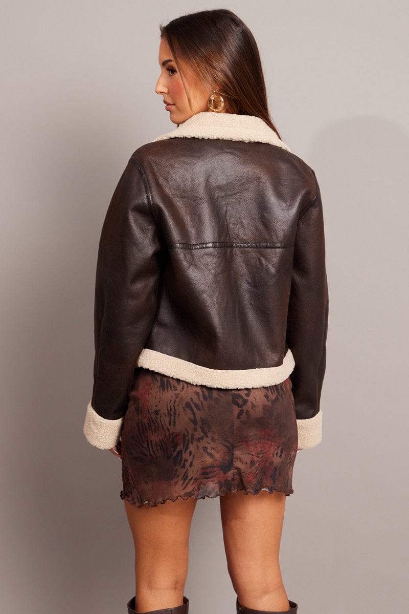 Brown Aviator Jacket Long Sleeve Faux Leather for Ally Fashion