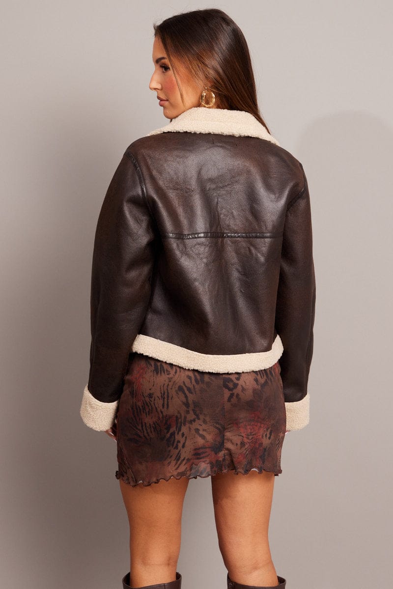 Brown Oversized Jacket Collared Long Sleeve Faux Leather for Ally Fashion