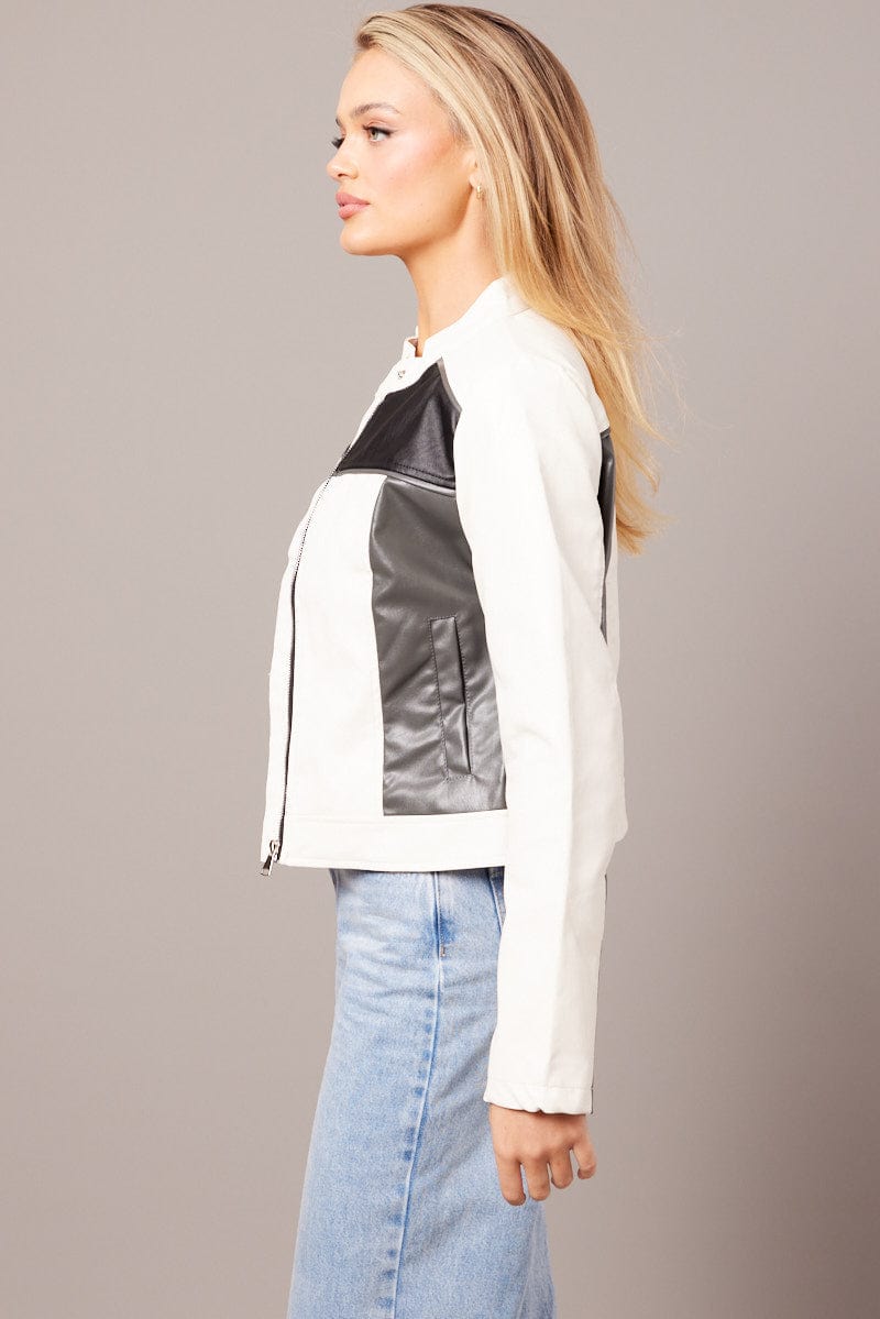 Grey Jacket Colour Block Long Sleeve Zip Faux Leather for Ally Fashion