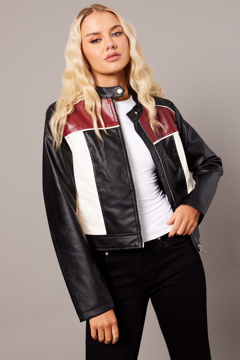 Red Jacket Colour Block Long Sleeve Zip Faux Leather | Ally Fashion