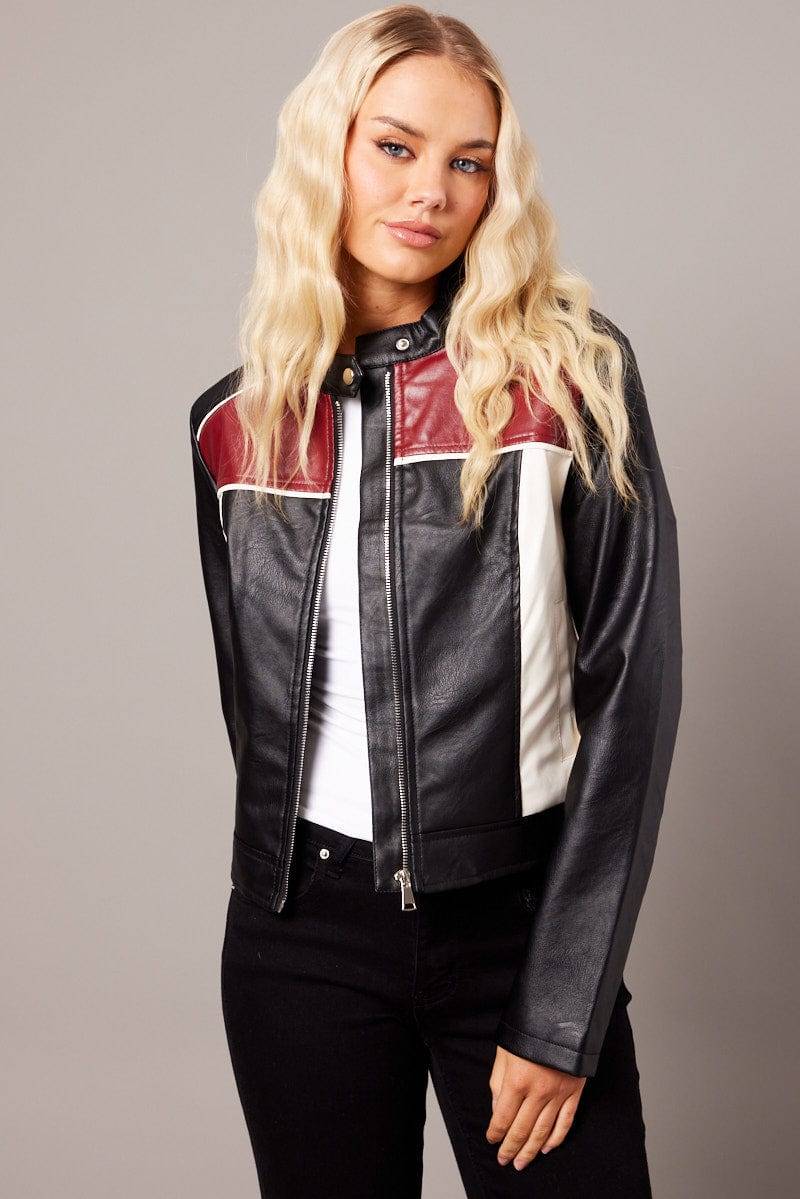 Red Jacket Colour Block Long Sleeve Zip Faux Leather for Ally Fashion