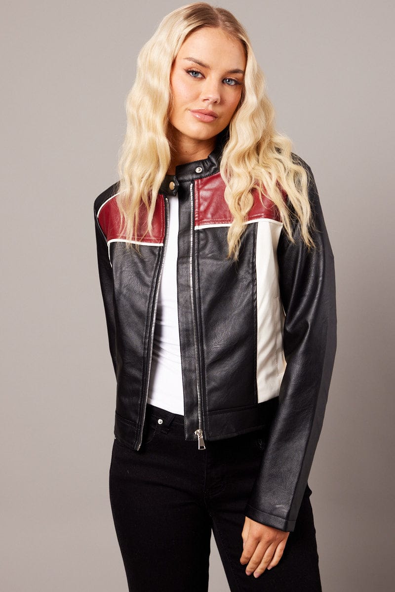 Red Jacket Colour Block Long Sleeve Zip Faux Leather | Ally Fashion