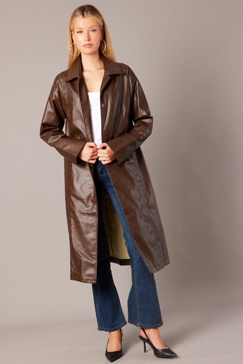 Brown Jacket Longline Collar Long Sleeve Faux Leather for Ally Fashion