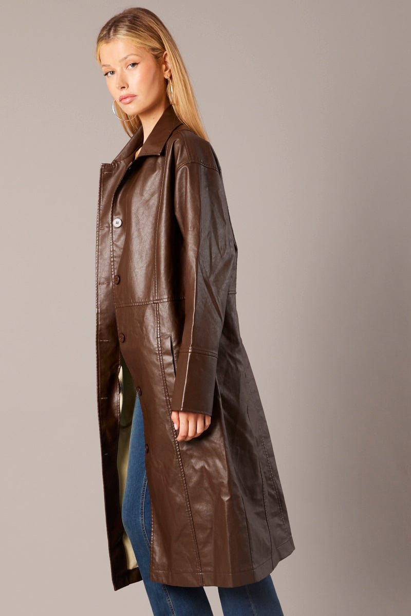 Brown Jacket Longline Collar Long Sleeve Faux Leather for Ally Fashion