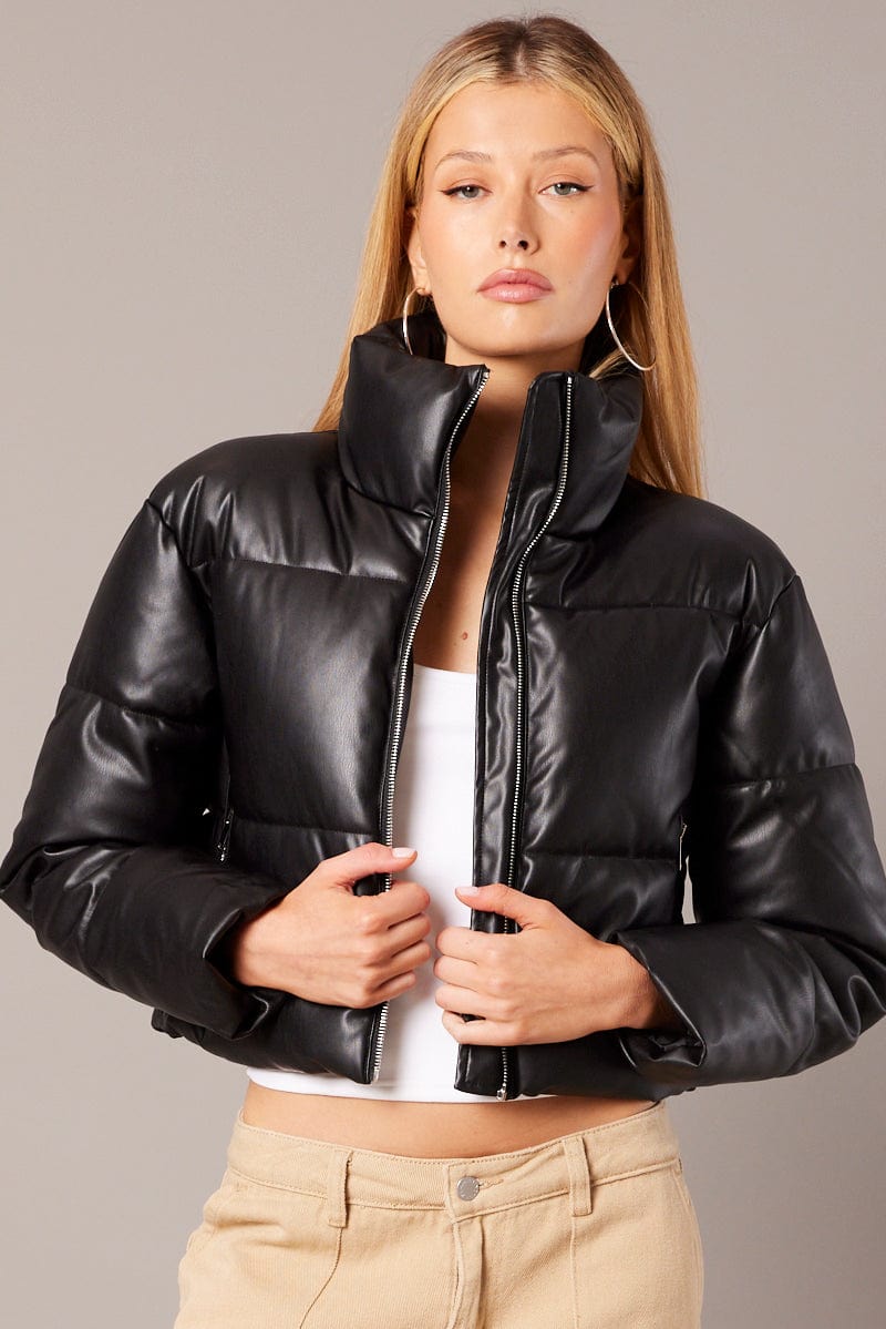 Black Jacket Zip Thru Long Sleeves Faux Leather for Ally Fashion