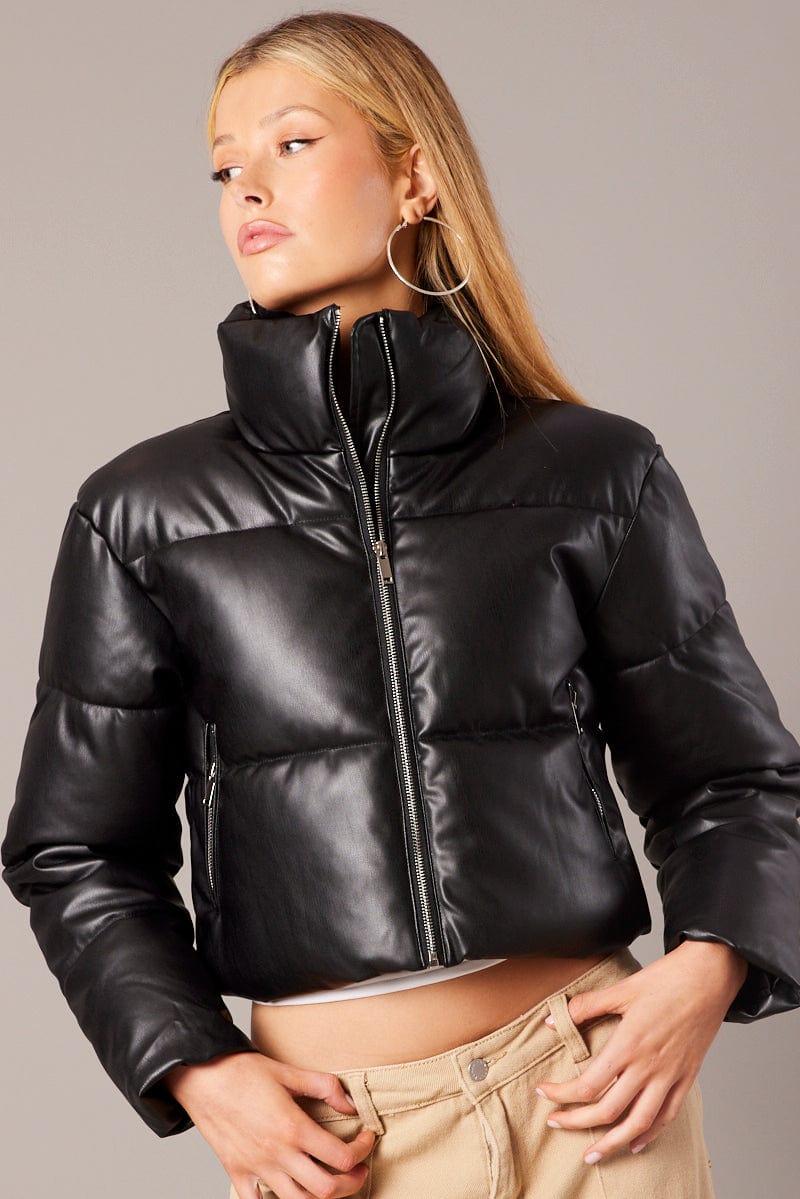 Black Jacket Zip Thru Long Sleeves Faux Leather for Ally Fashion