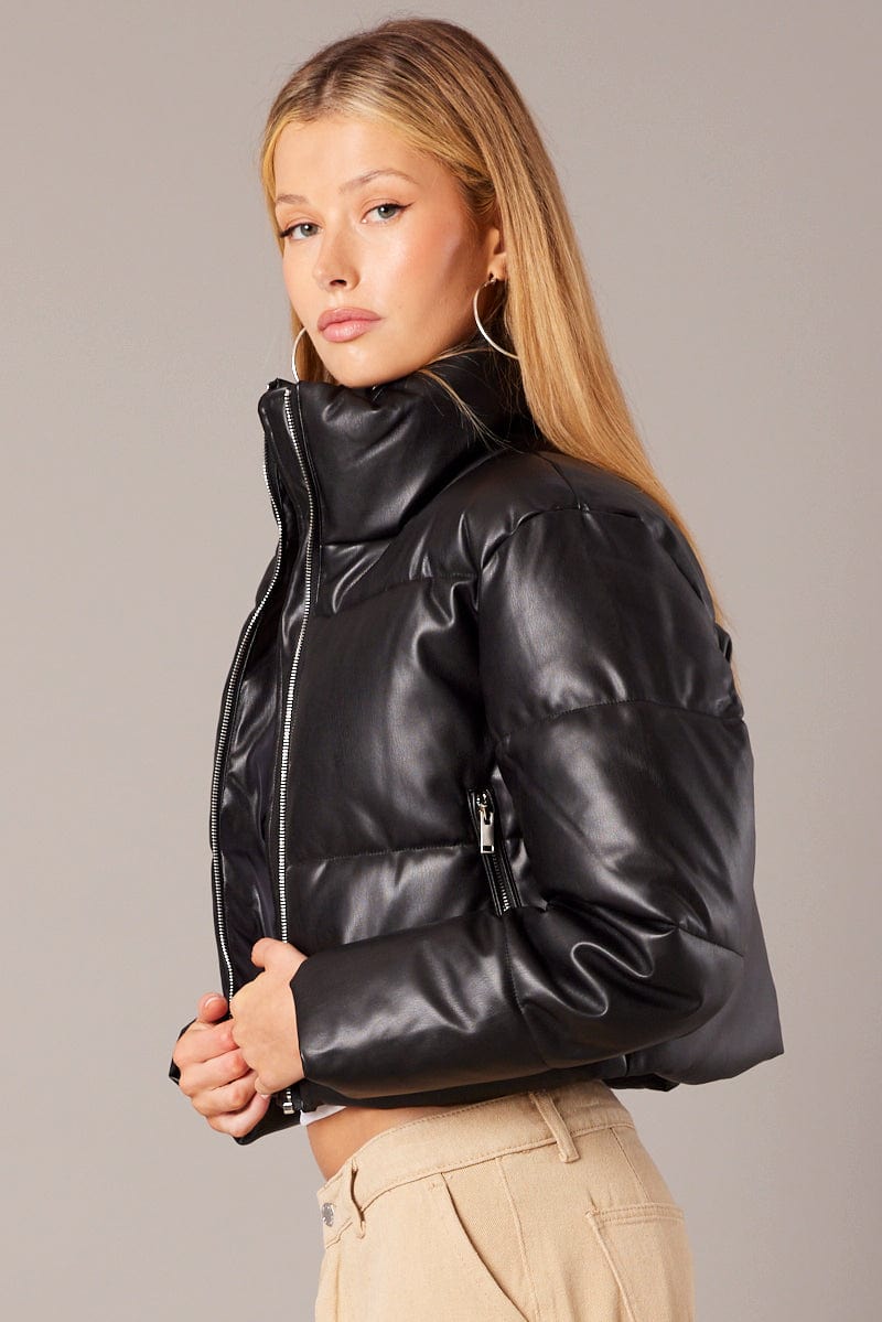 Black Jacket Zip Thru Long Sleeves Faux Leather for Ally Fashion