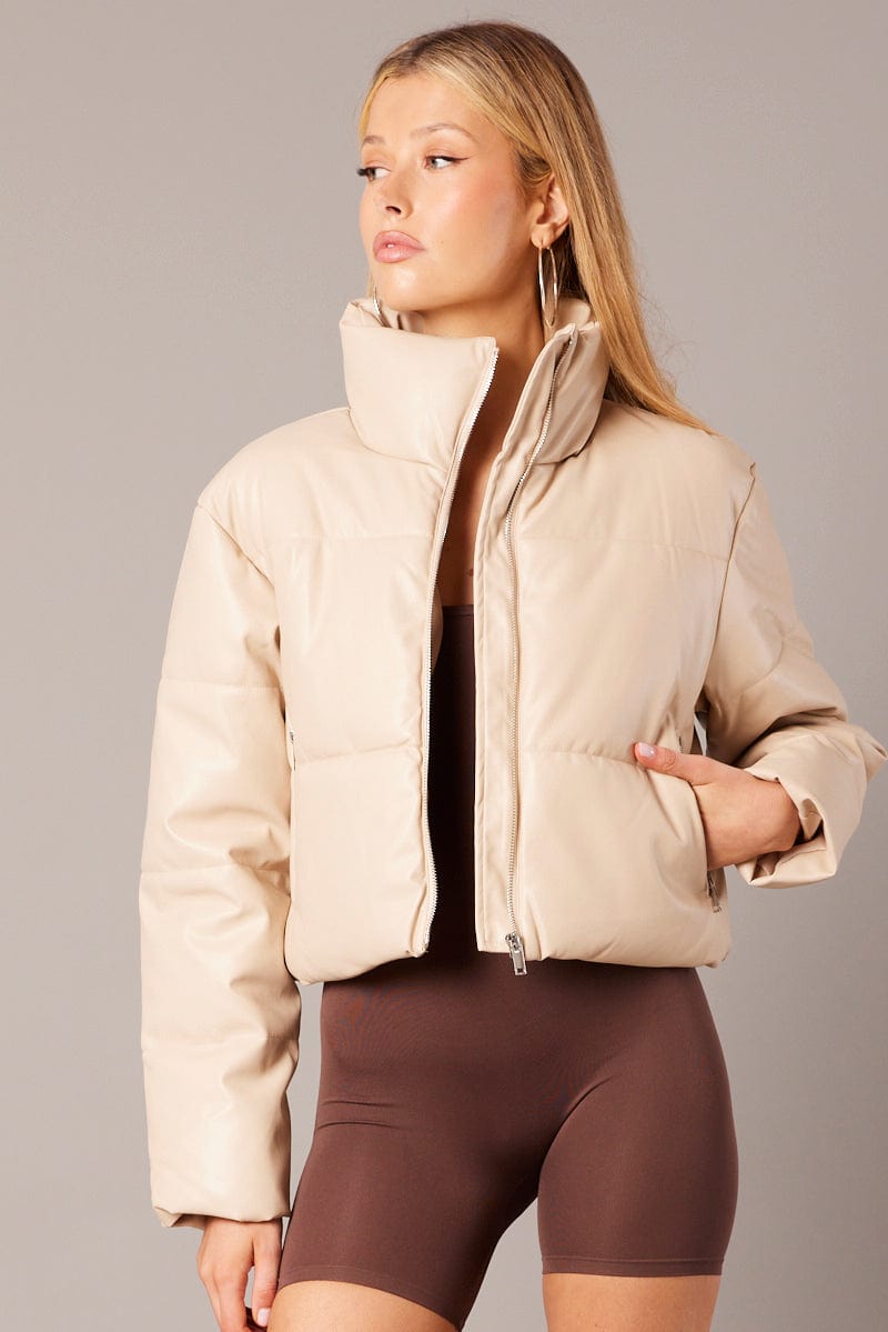 Camel Jacket Zip Thru Long Sleeves Faux Leather for Ally Fashion