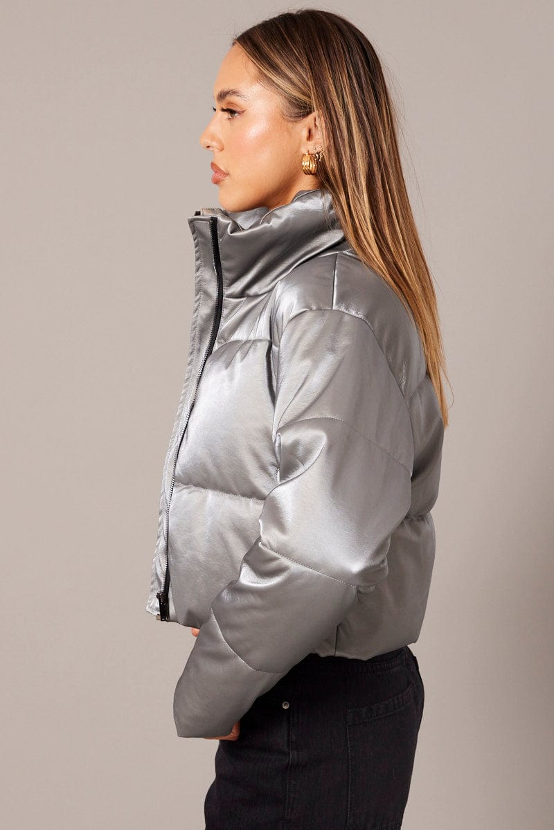 Grey Jacket Zip Thru Long Sleeves Silver for Ally Fashion