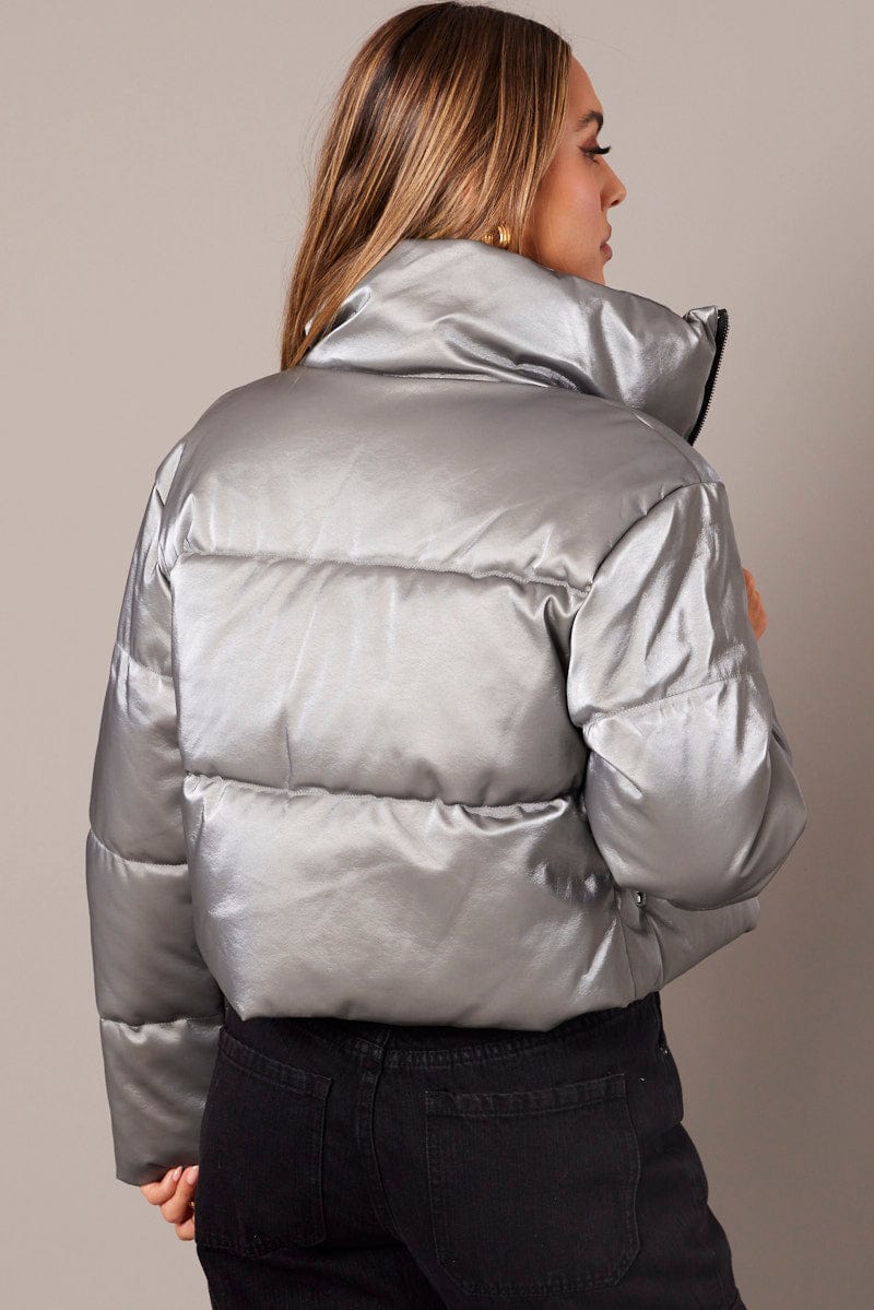 Grey Jacket Zip Thru Long Sleeves Silver for Ally Fashion