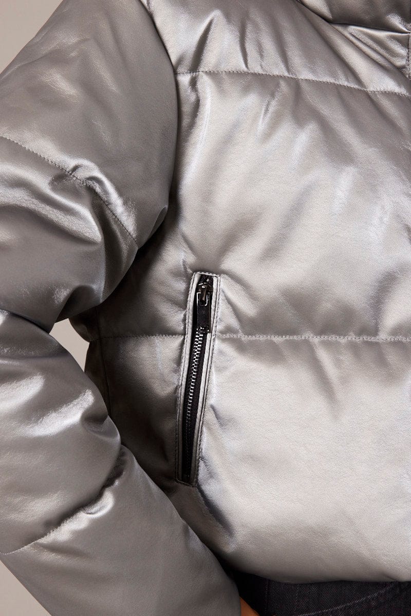 Grey Jacket Zip Thru Long Sleeves Silver for Ally Fashion