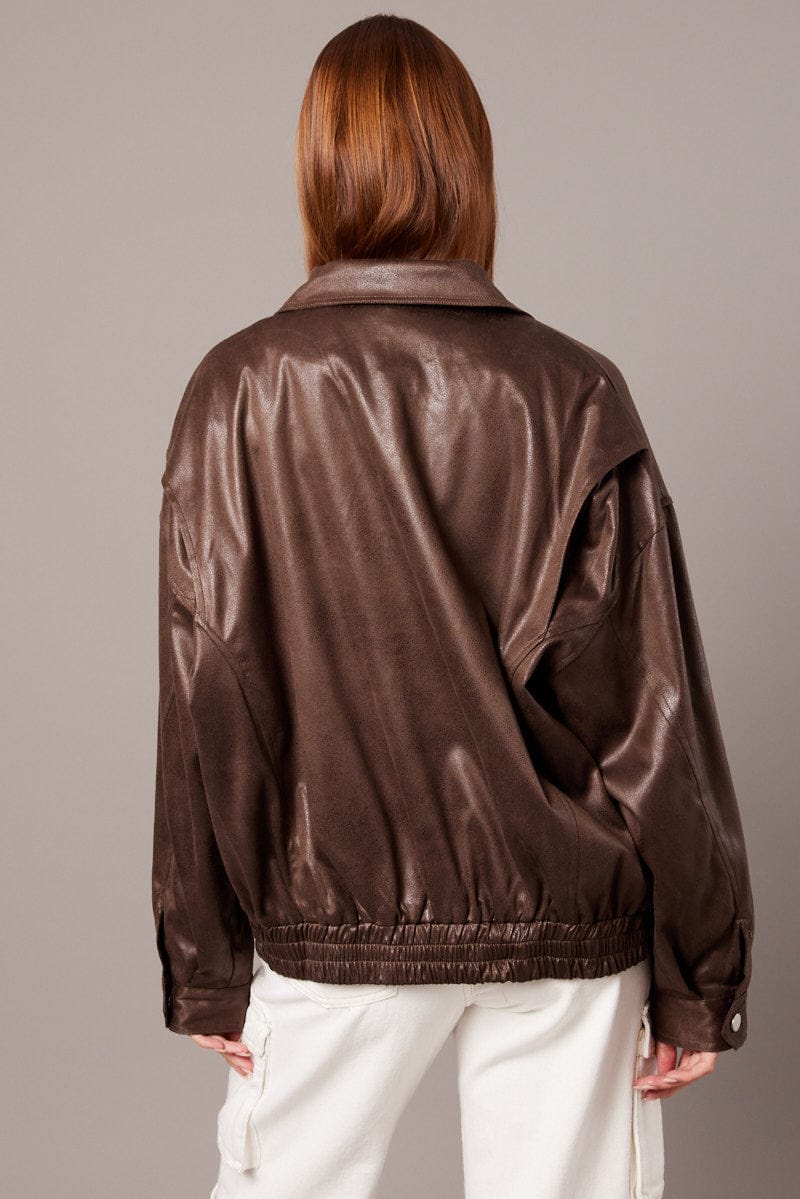 Brown Faux Leather Jacket Long Sleeve for Ally Fashion