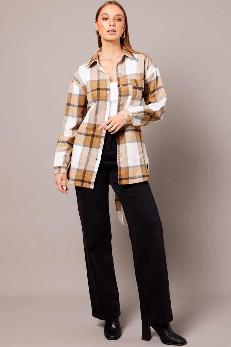 Brown Check Shacket Long Sleeve for Ally Fashion