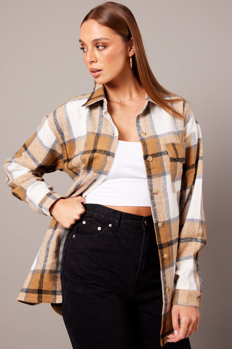 Brown Check Shacket Long Sleeve for Ally Fashion