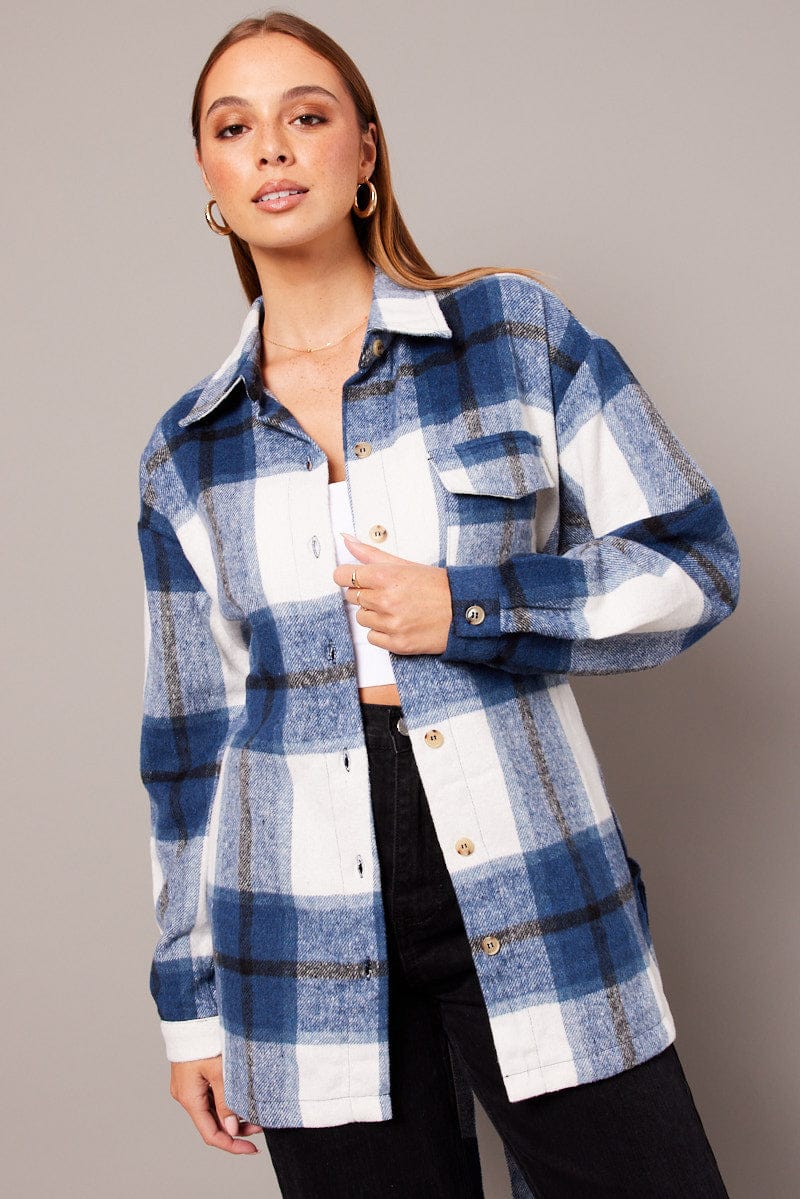 Blue Check Shacket Long Sleeve for Ally Fashion