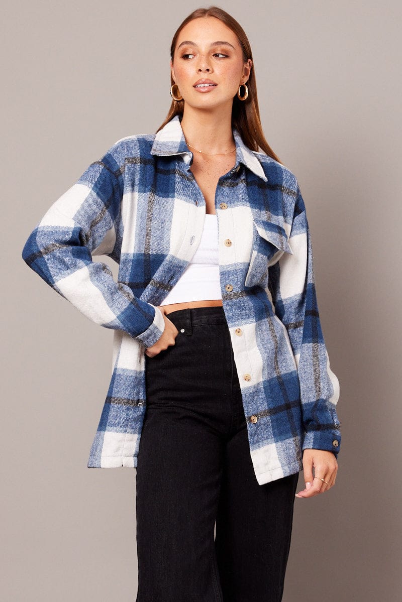 Blue Check Shacket Long Sleeve for Ally Fashion