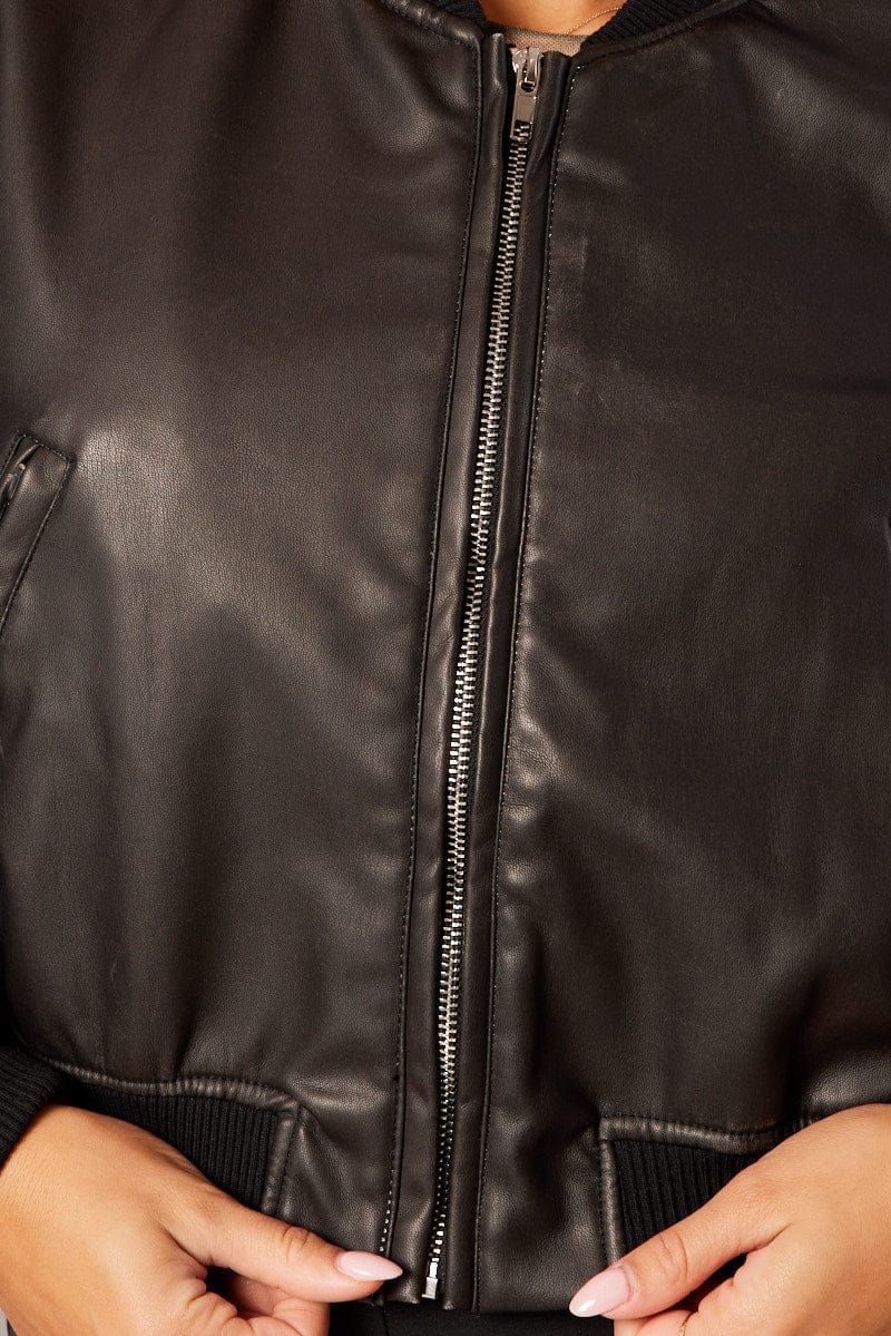 Black Bomber Jacket Crop Faux Leather for Ally Fashion