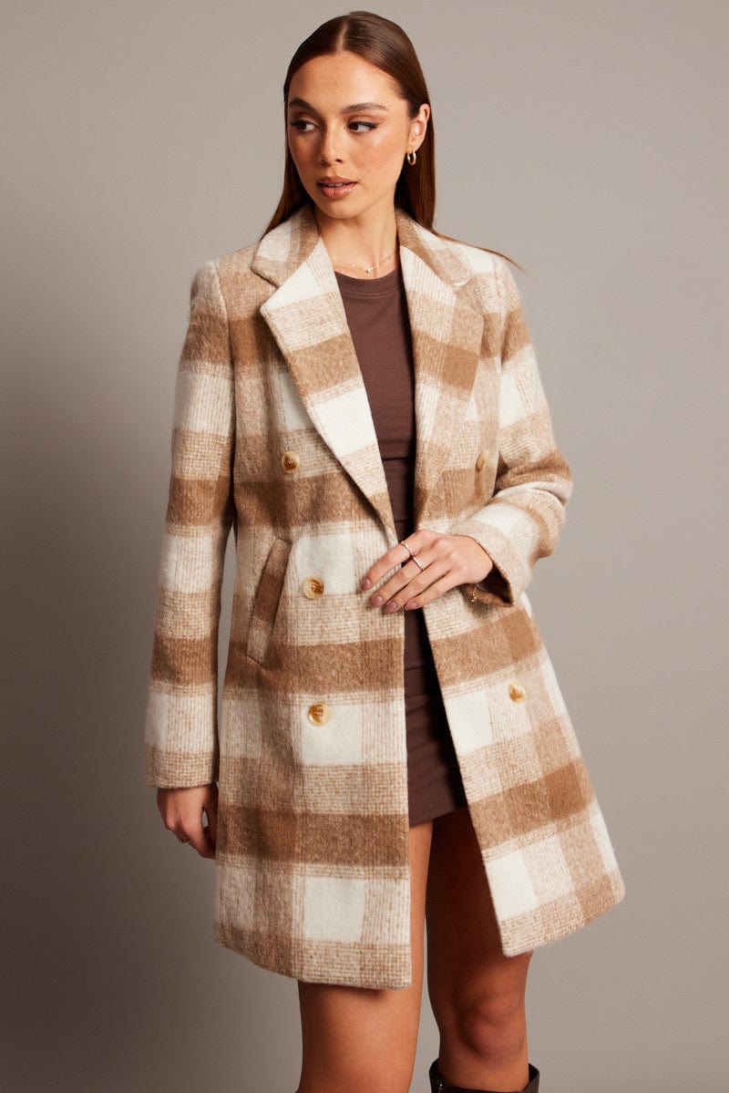 Brown Check Coat Long Sleeve for Ally Fashion